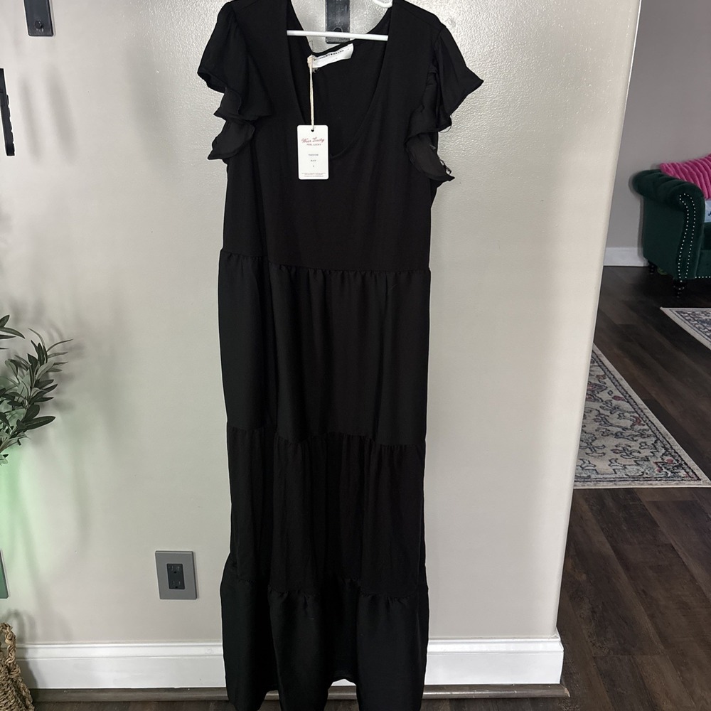 NWT Lucky Brand Black Dress Small Tiered Long‎ Maxi Ruffle Boho Summer